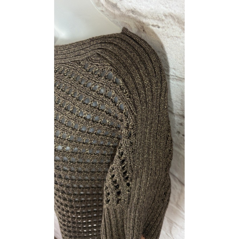CHICOS 1 M Bronze Metallic Open‎ Knit Crochet Chunky Knit Dolman Sleeve Sweater - Picture 7 of 10